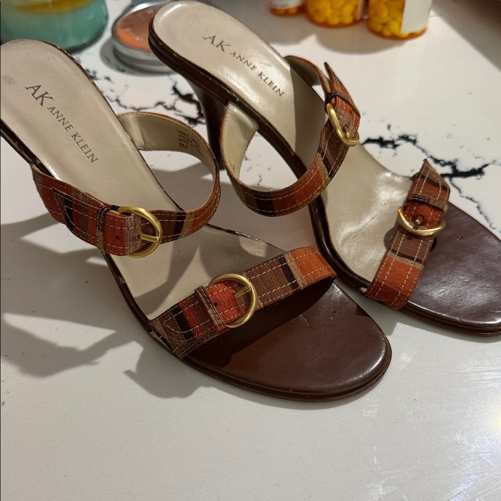 Anne Klein Brown & Orange Plaid Buckle Heels